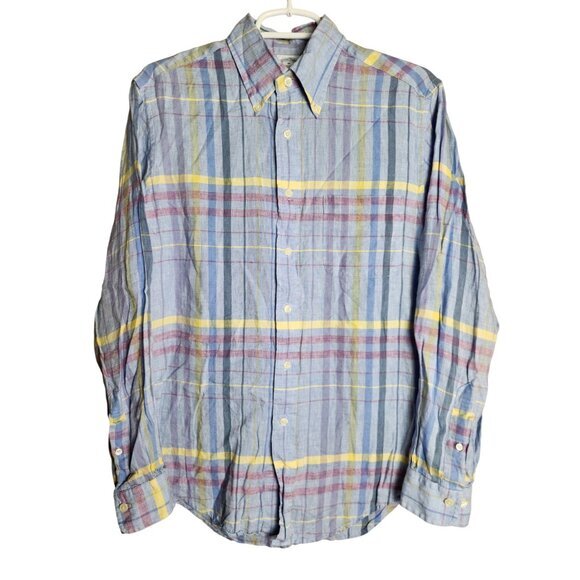 Brooks Brothers Mens Button Up Shirt M Multicolor Scotch‎ Plaid Irish Linen - Picture 1 of 5